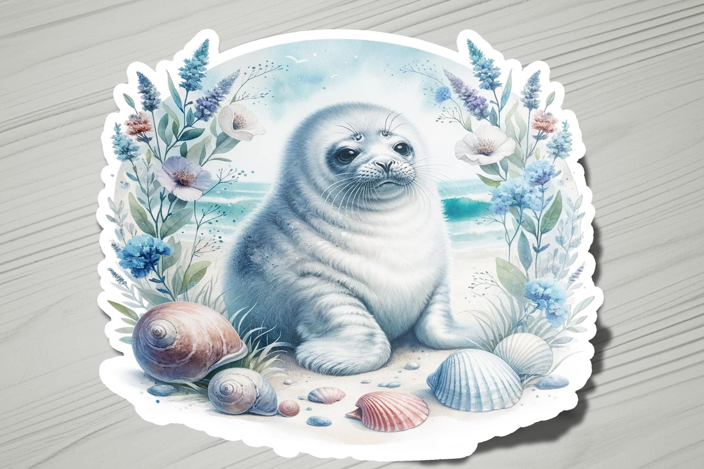 a white seal sitting on top of a wooden floor
