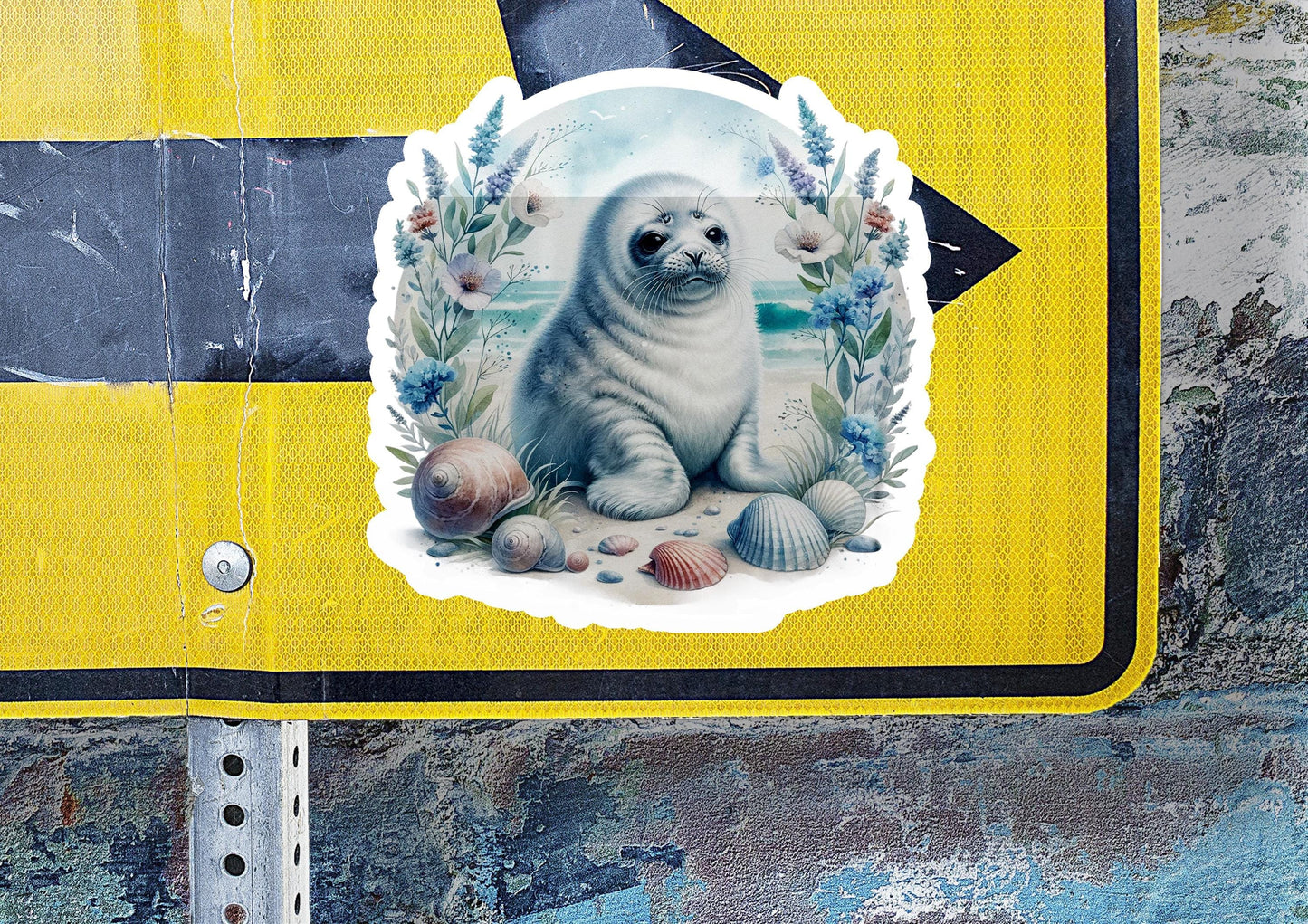 a sticker of a seal on a street sign