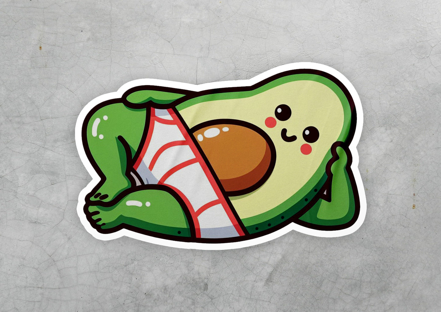 a sticker of an avocado holding a piece of meat