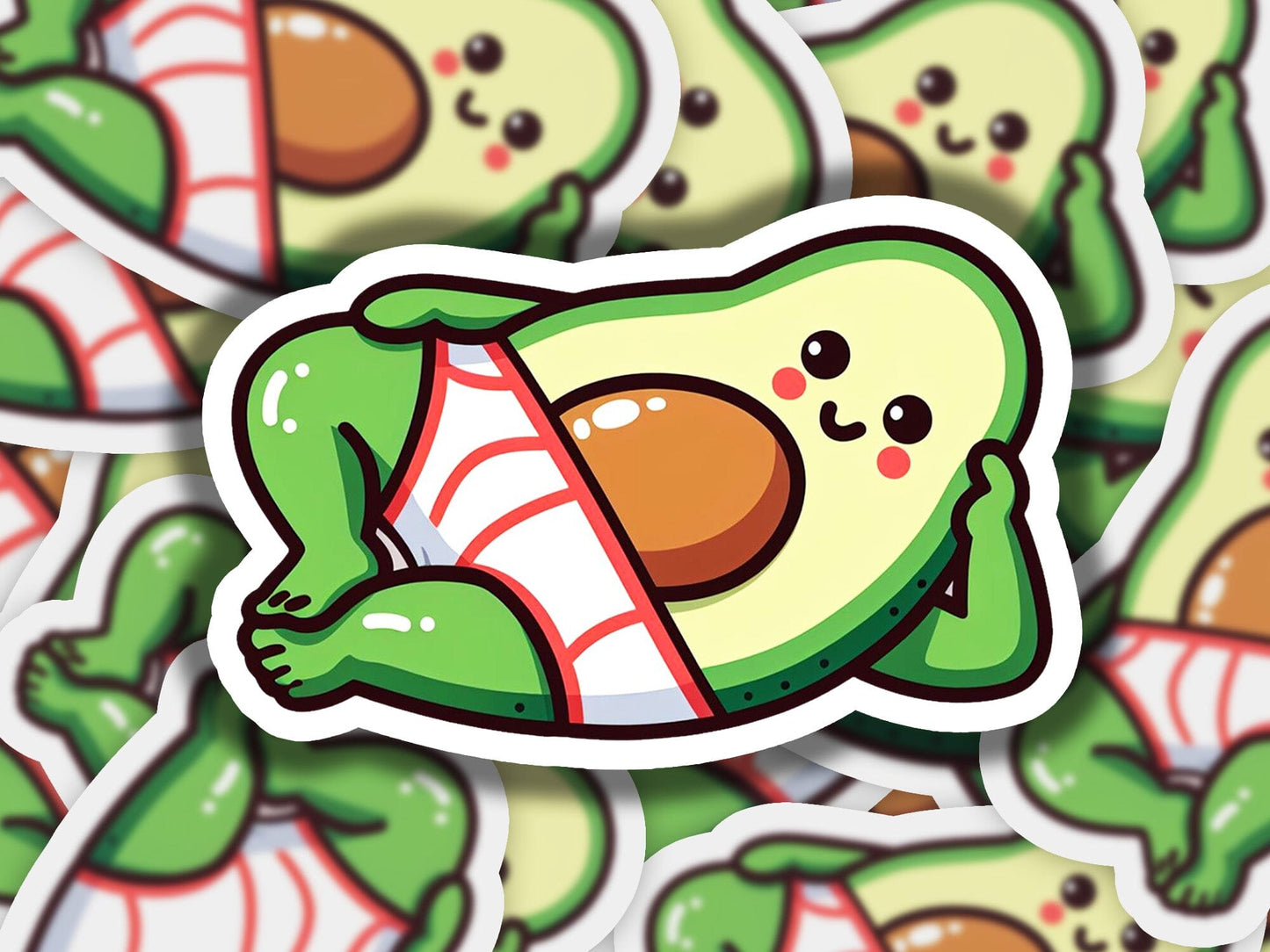 a pile of stickers with an avocado on them