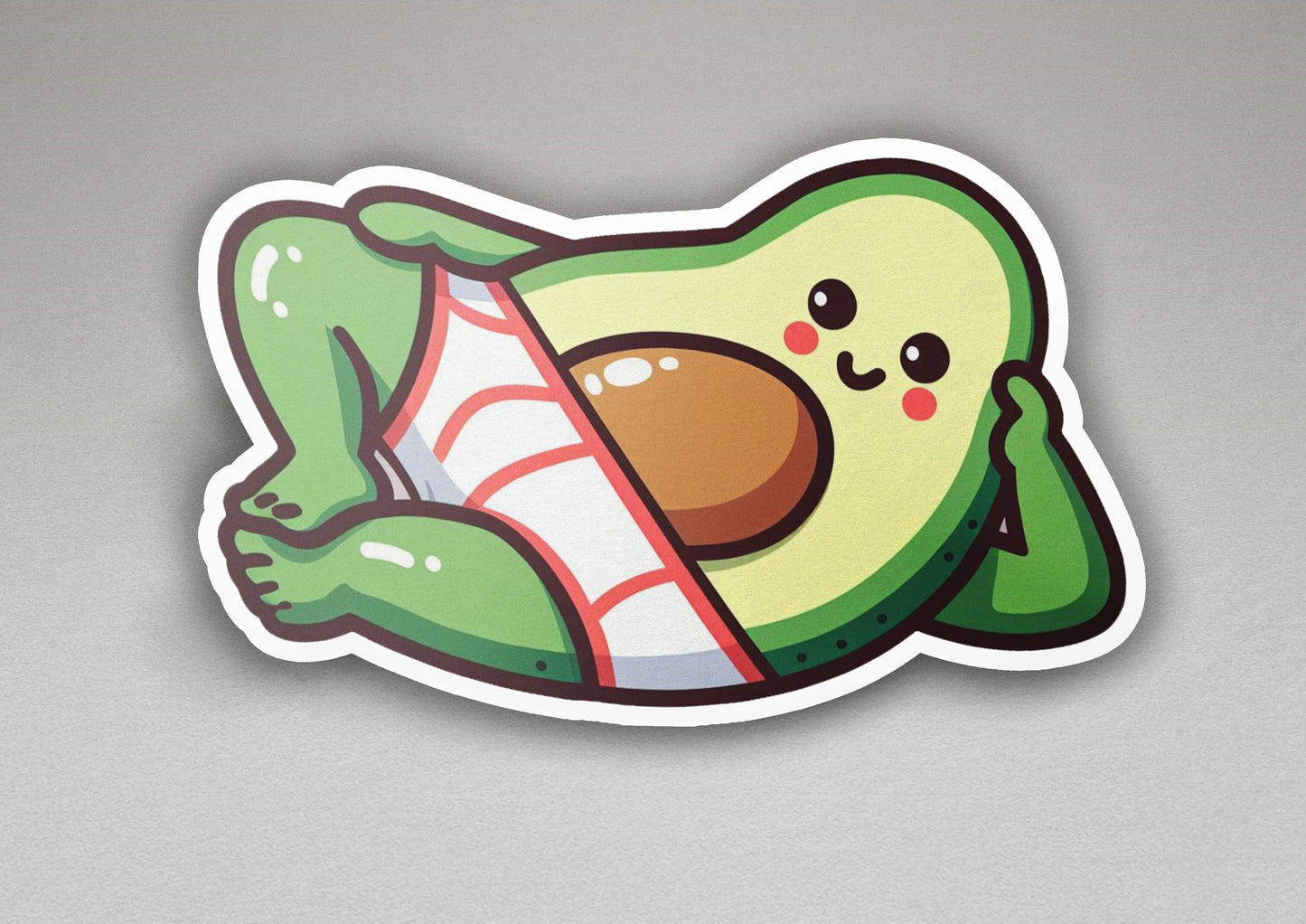 a sticker of an avocado holding a candy bar