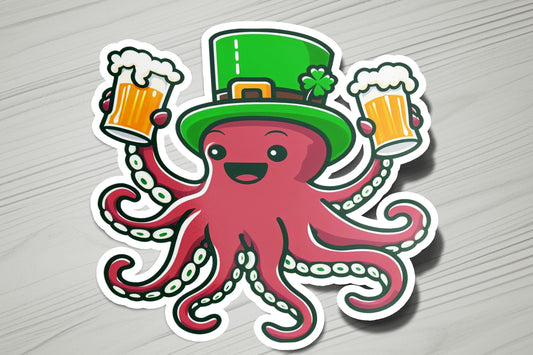 a sticker of an octopus wearing a hat and holding two mugs of beer