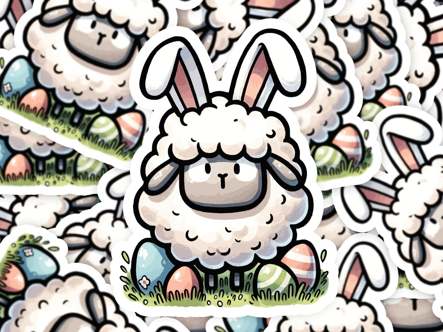 Sheep with Bunny Ears Easter Vinyl Sticker | Dishwasher Safe & Durable | Custom Sizes | Fast Shipping | Made in USA Fiesta Doodle waterproof vinyl sticker. dishwasher safe outdoor sticker.