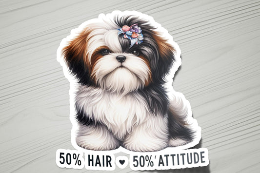 a sticker of a dog with a flower in its hair