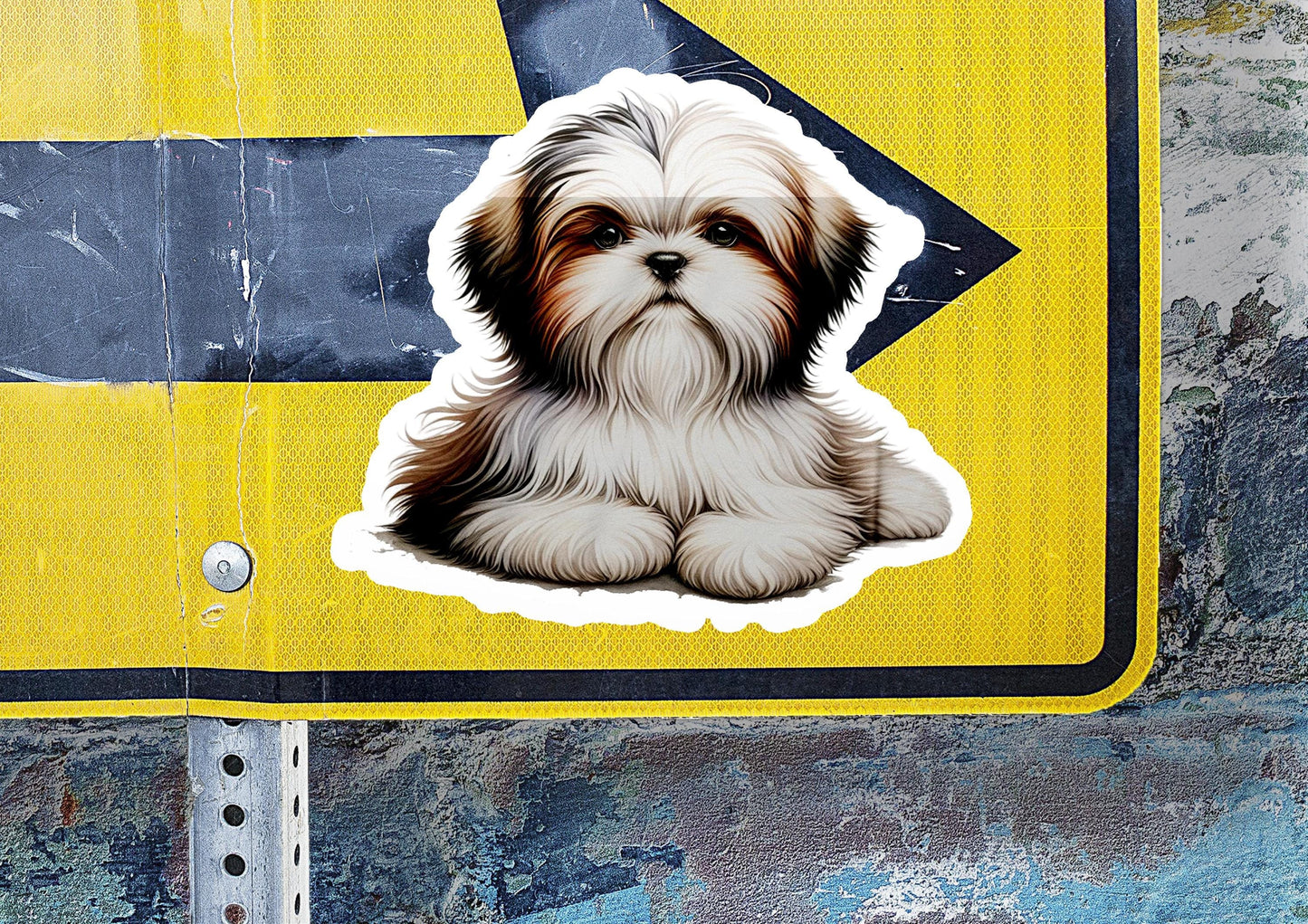 a sticker of a dog sitting on a street sign