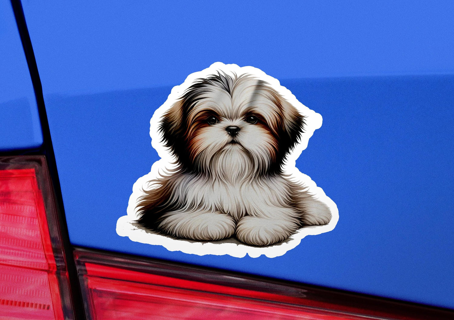 a sticker of a dog sitting on the back of a car