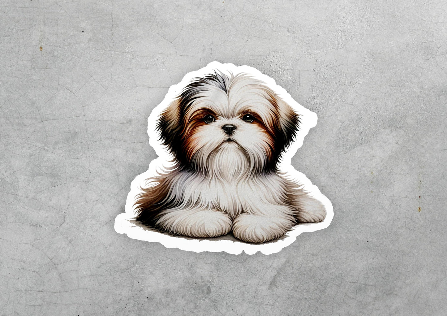 a sticker of a dog with a sad look on its face
