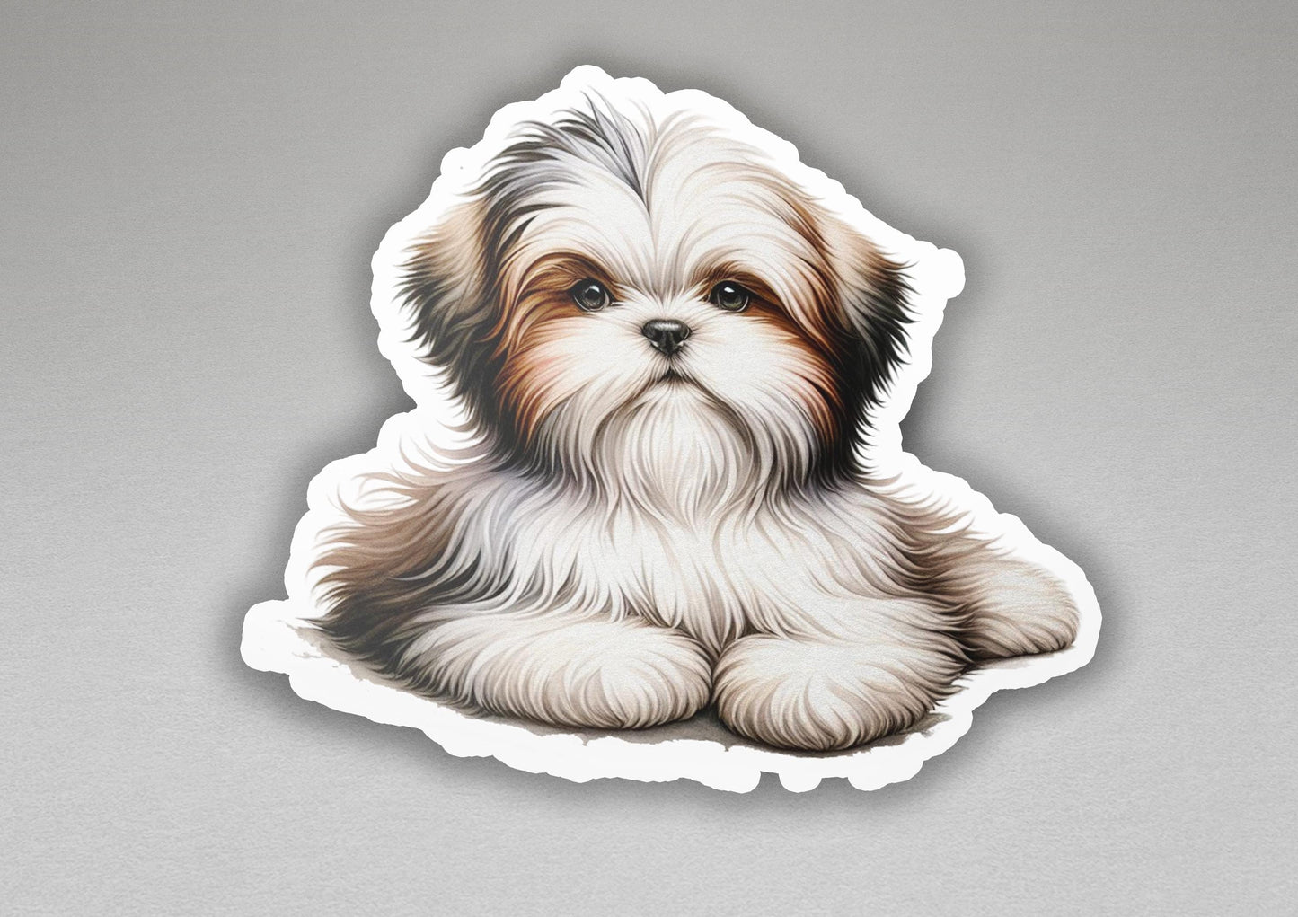 a sticker of a small dog with brown eyes