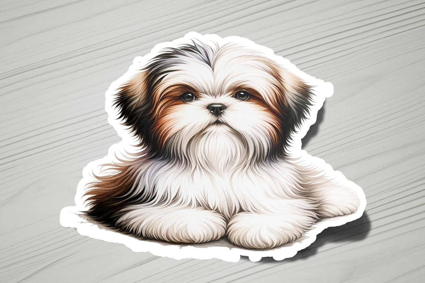 a sticker of a small dog sitting on a table