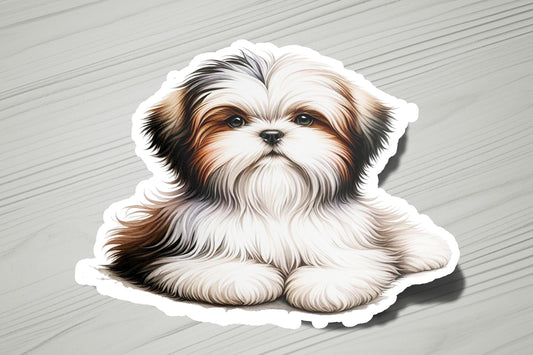 a sticker of a small dog sitting on a table