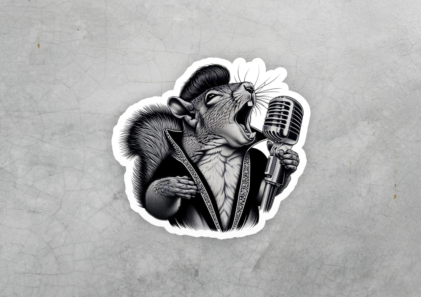 a sticker of a rat singing into a microphone