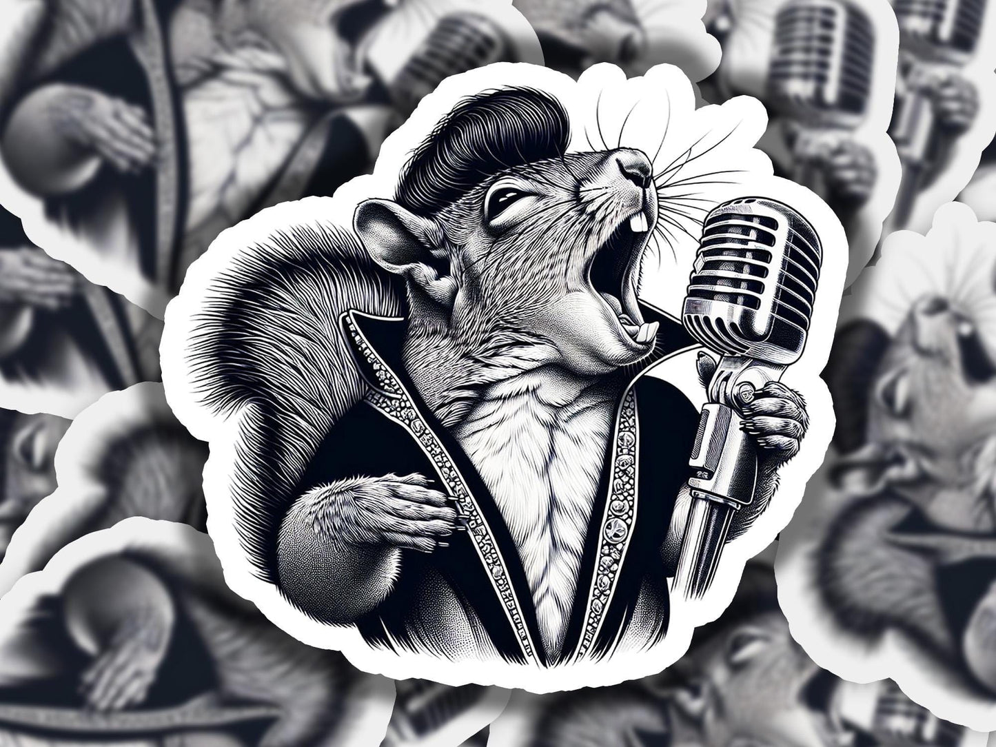 a sticker of a rat singing into a microphone