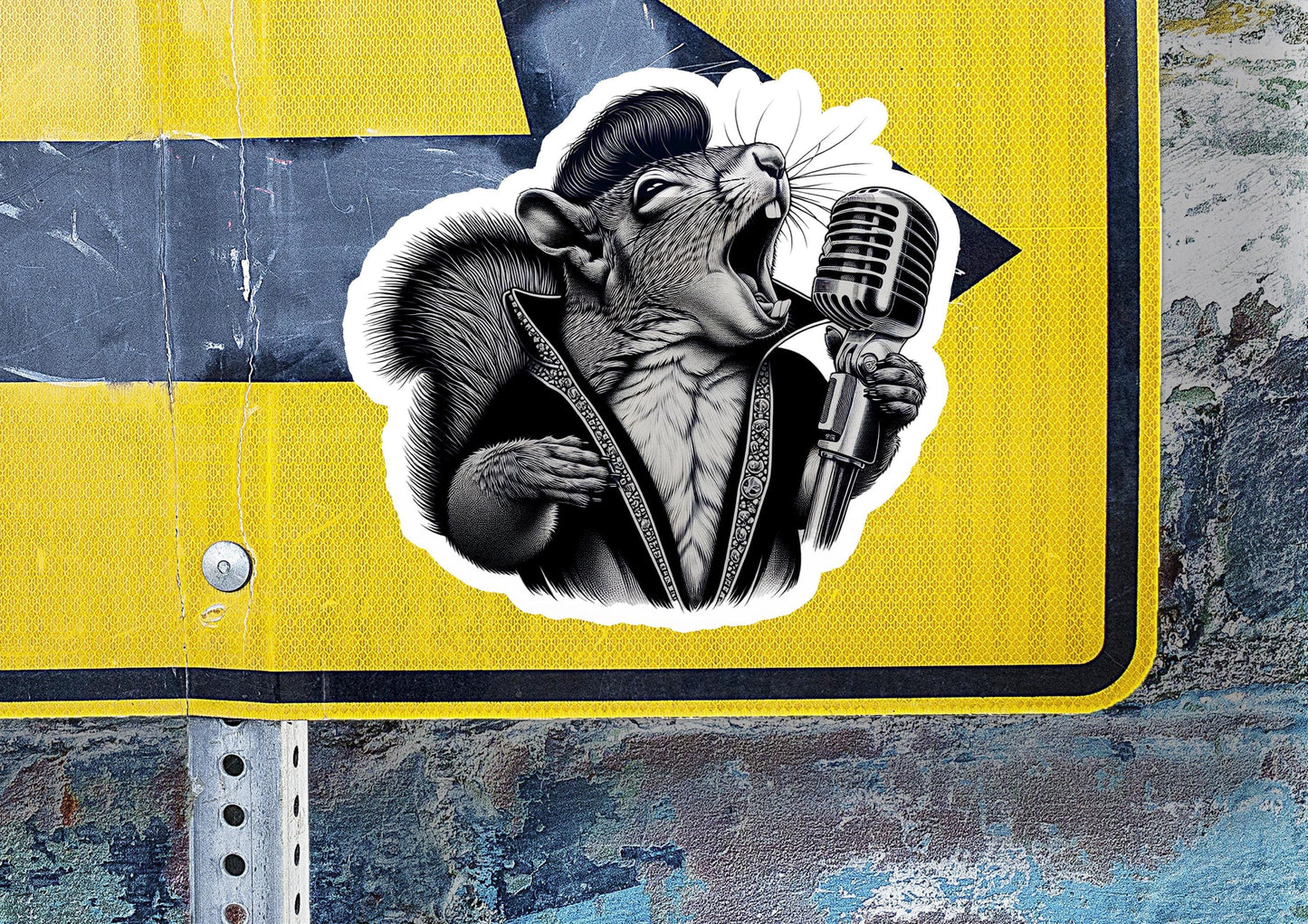 a sticker of a rat holding a microphone