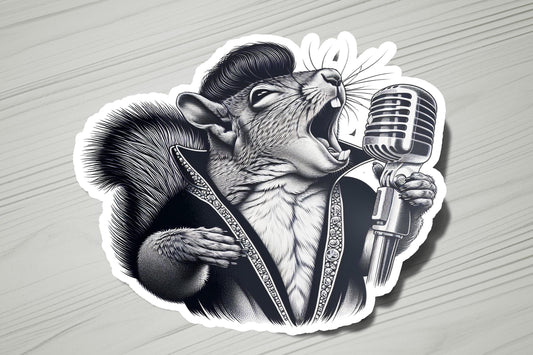 a sticker of a rat singing into a microphone