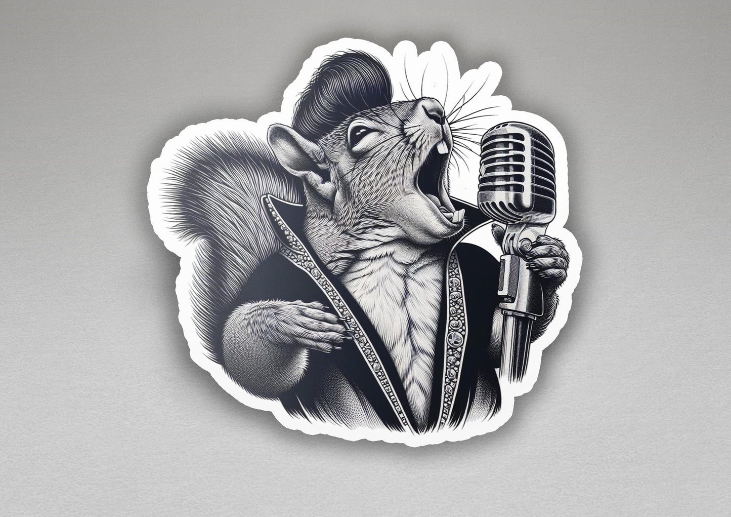 a sticker of a rat singing into a microphone