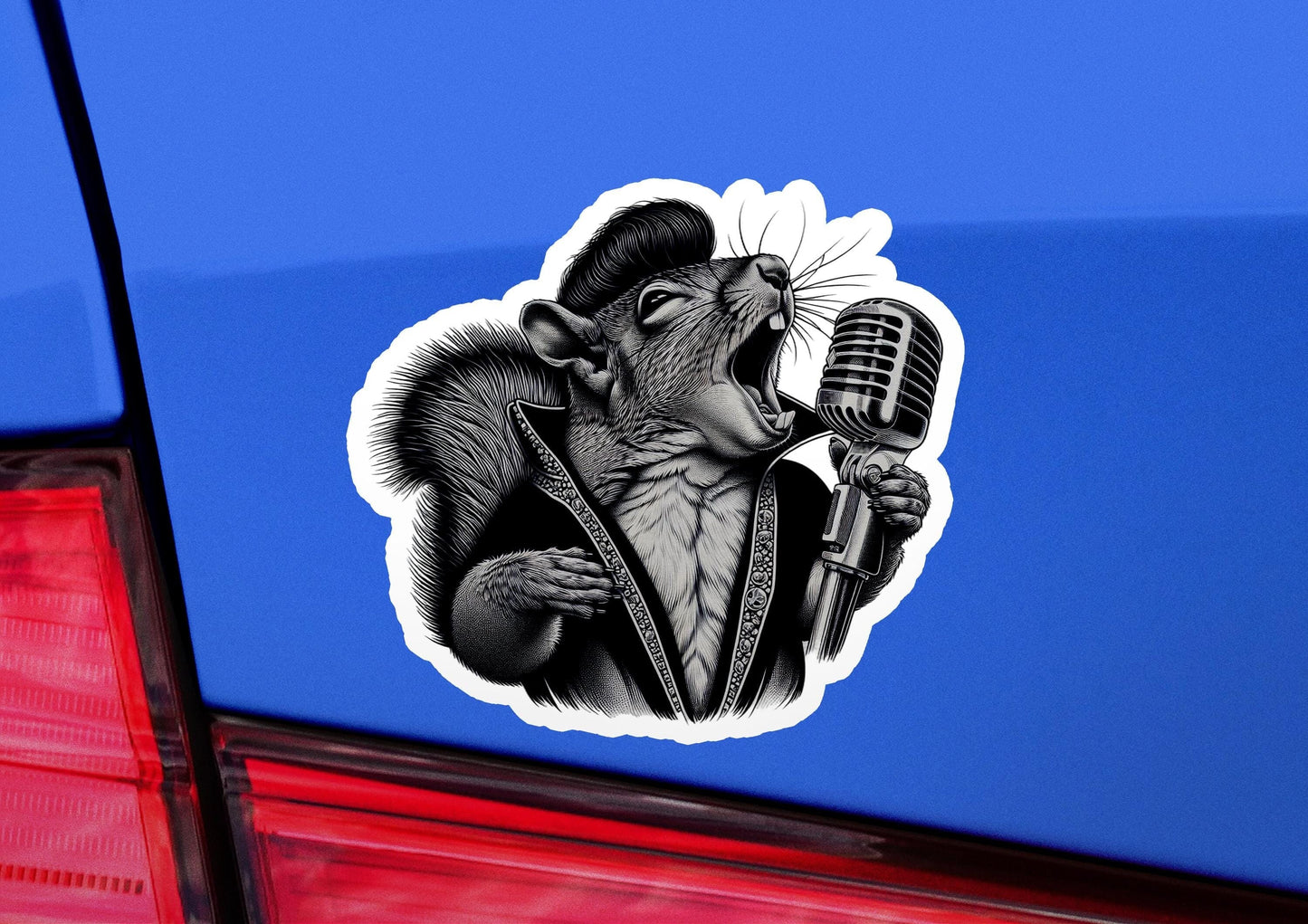 a sticker of a rat holding a microphone