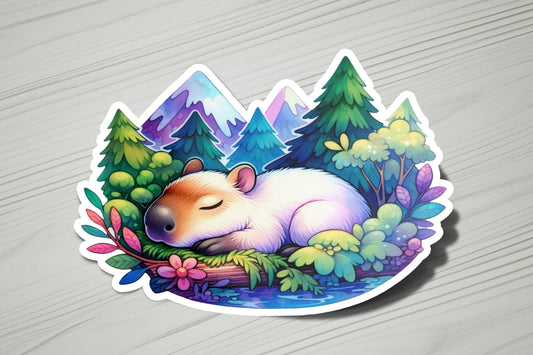 a sticker of a hamster sleeping in a forest