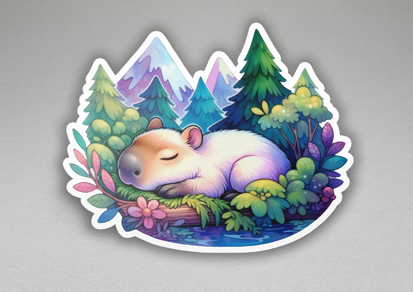 a sticker of a hamster sleeping in a forest