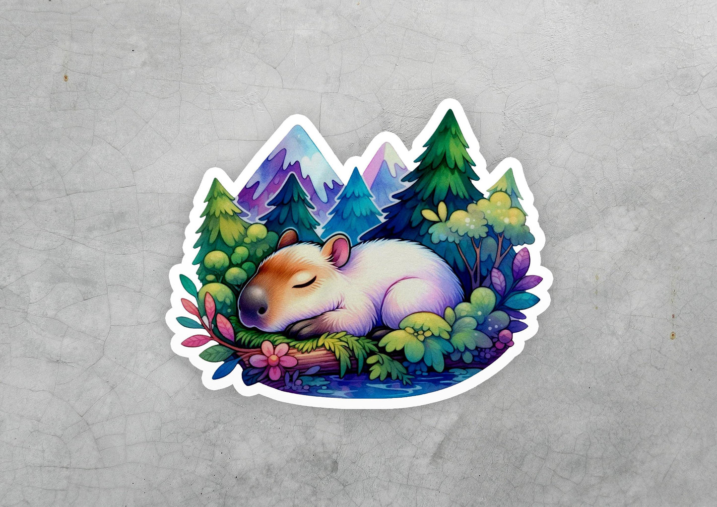 a sticker of a hamster sleeping in a forest