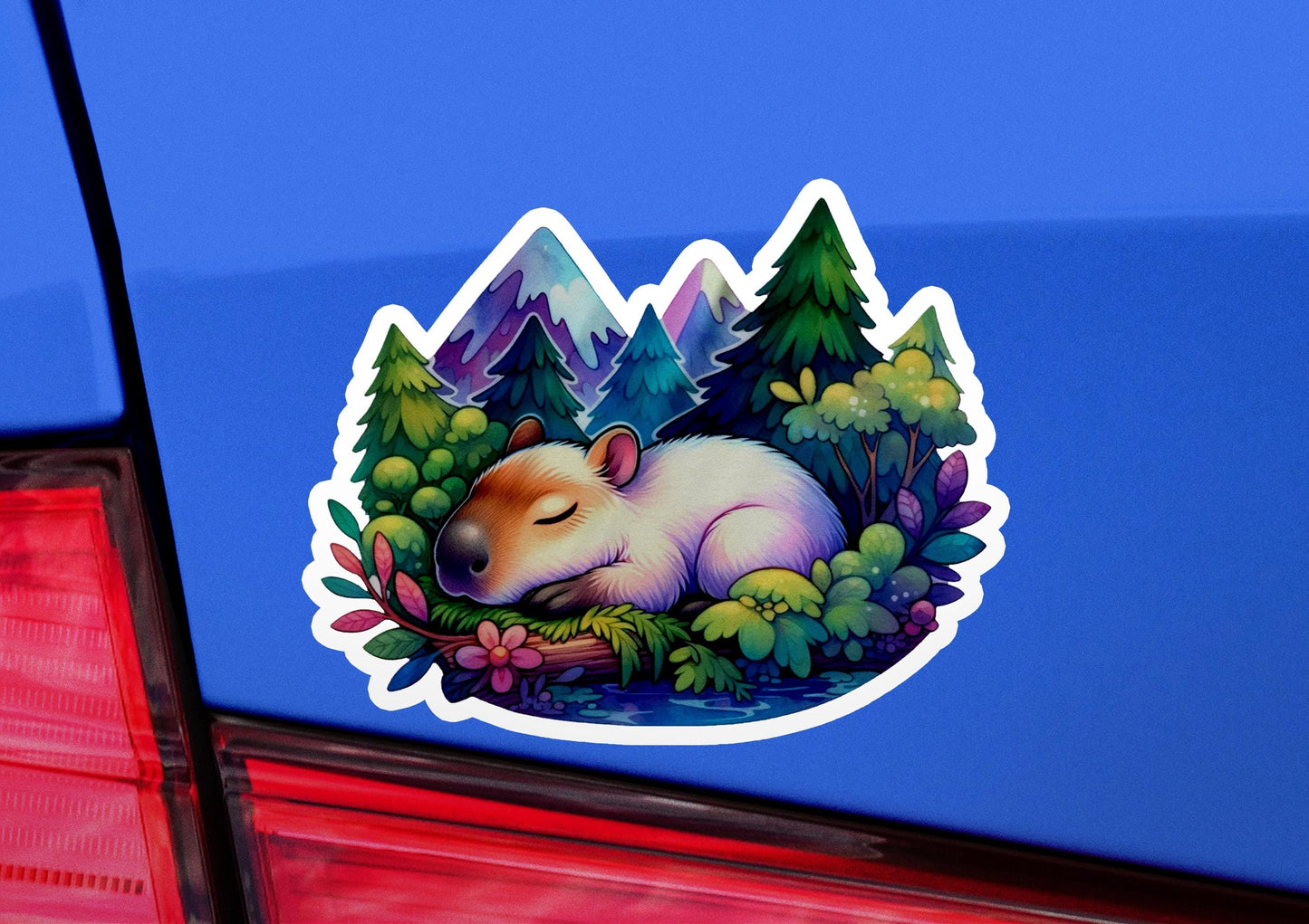 a sticker of a hamster sleeping in a forest
