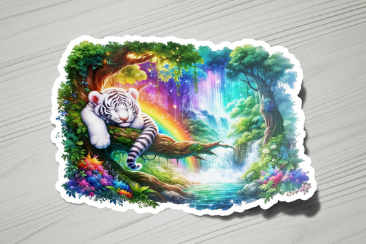 a sticker of a white tiger sitting on top of a tree