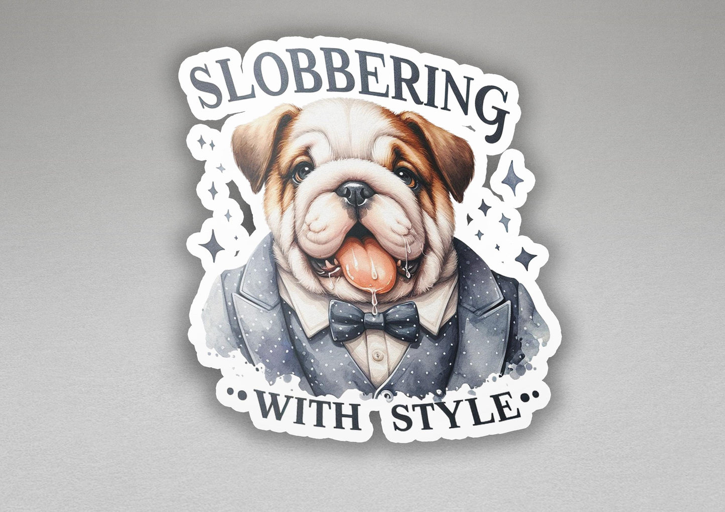a sticker of a dog wearing a tuxedo