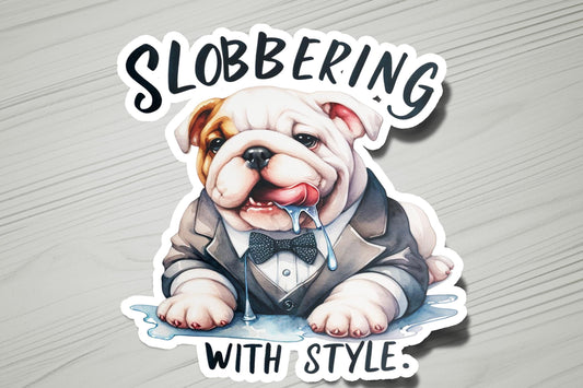 a sticker of a bulldog wearing a tuxedo