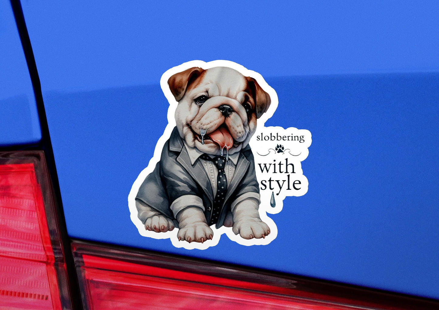 a sticker of a dog wearing a suit and tie