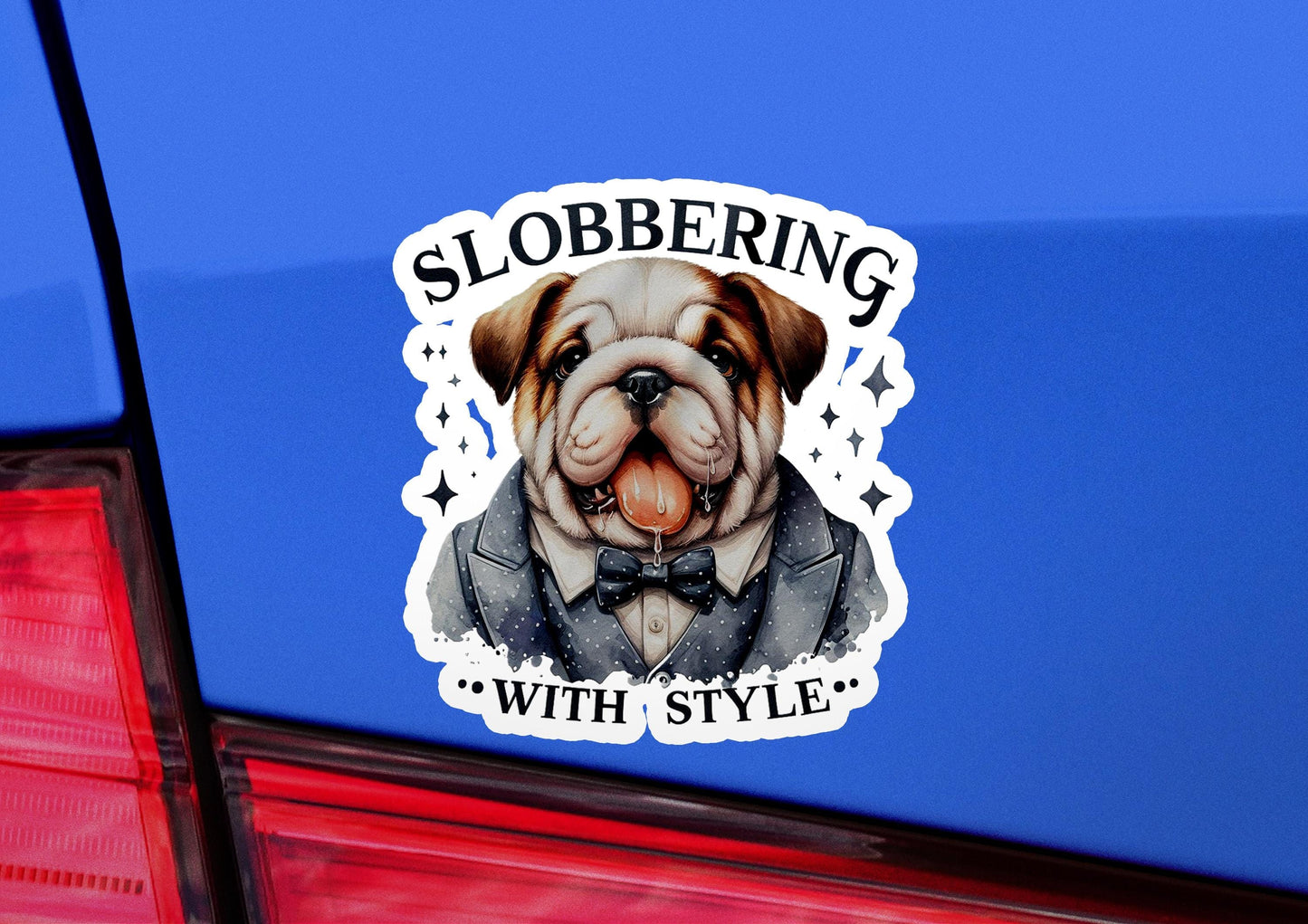 a sticker of a dog wearing a bow tie