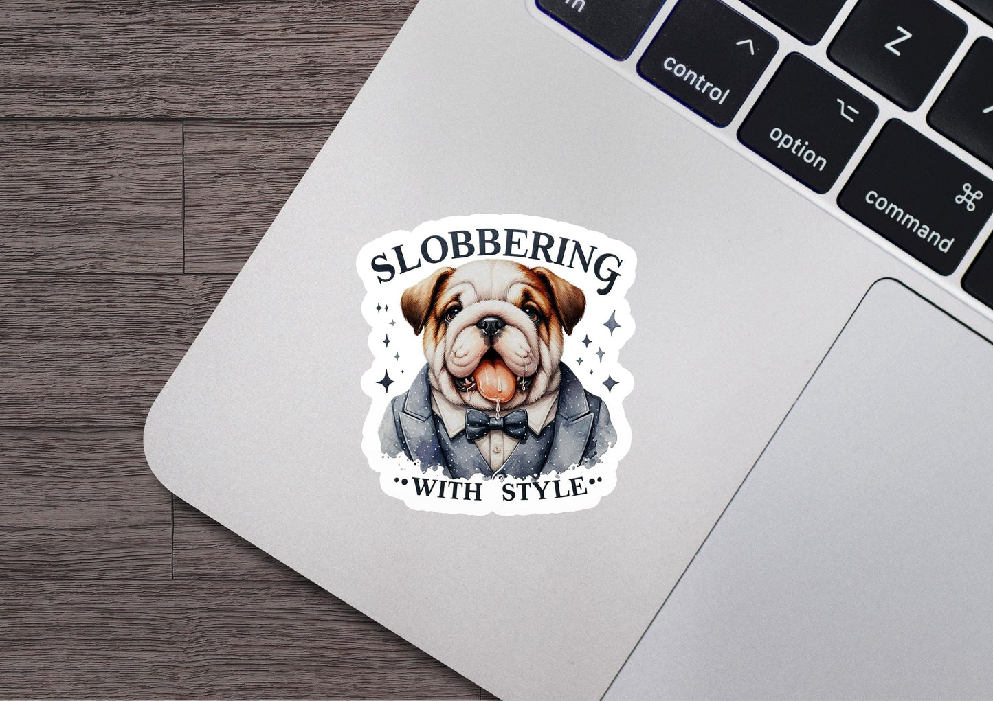 a sticker of a bulldog wearing a bow tie