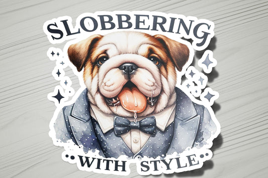 a sticker of a dog wearing a tuxedo