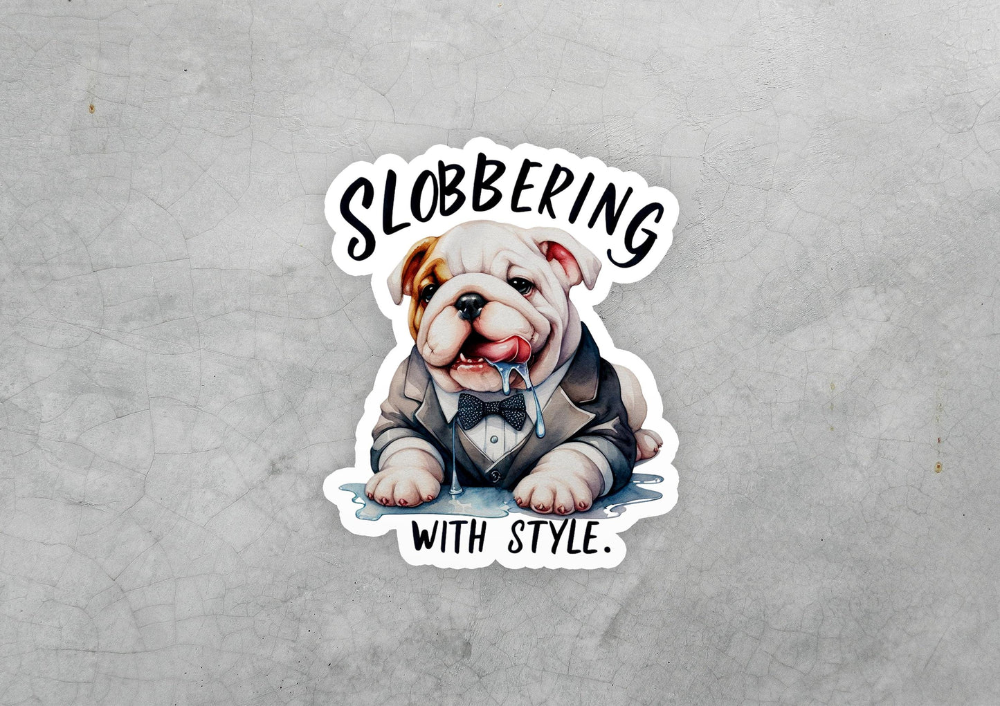 a sticker of a bulldog wearing a suit and tie