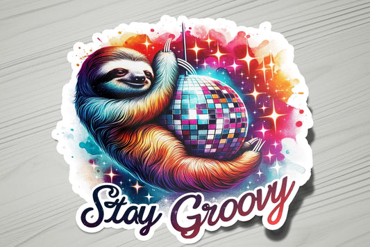 a sticker with a slotty holding a disco ball