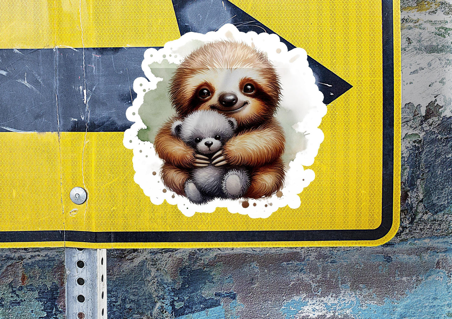 a picture of a baby sloth holding a teddy bear