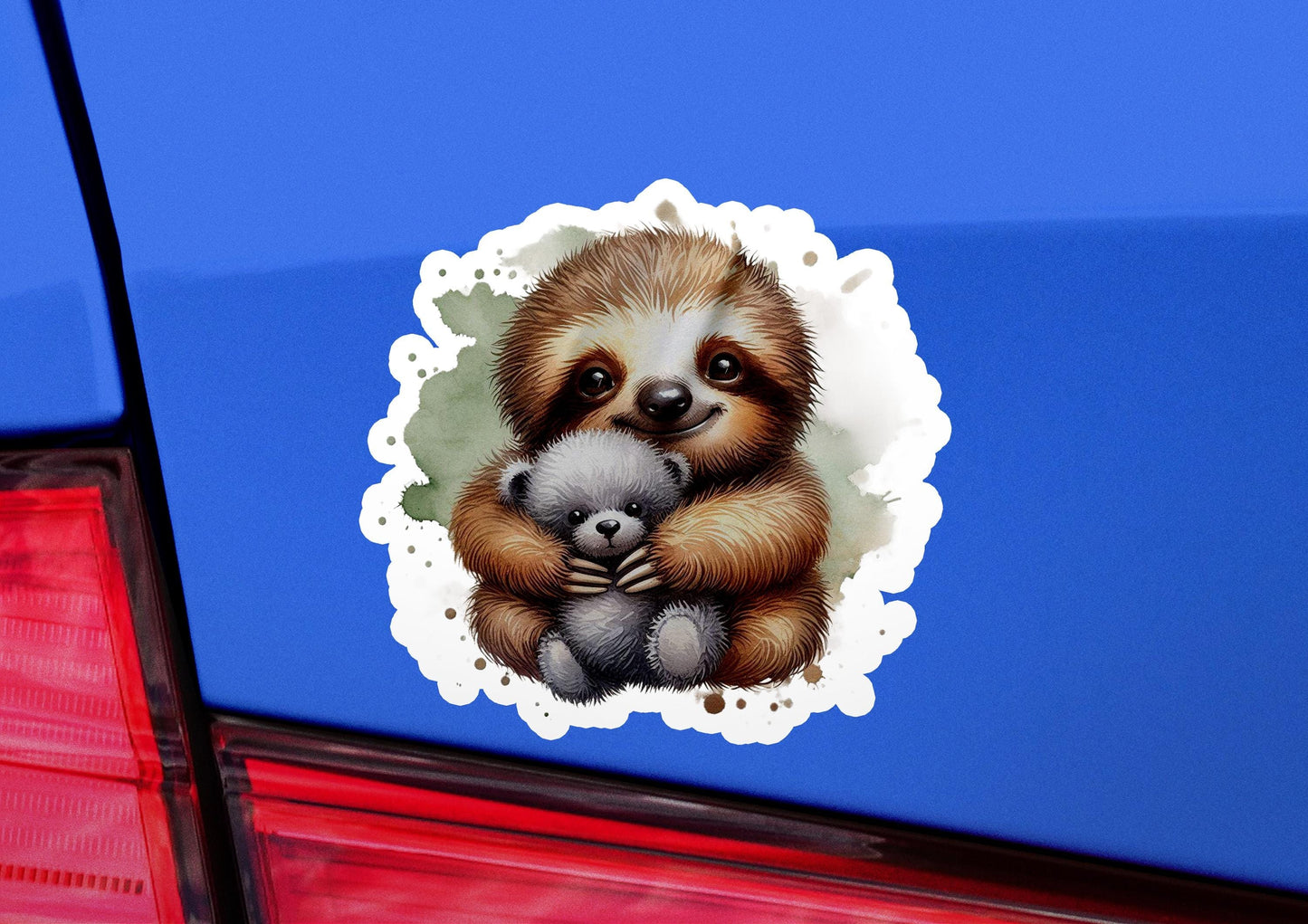 a sticker of a baby sloth holding a teddy bear