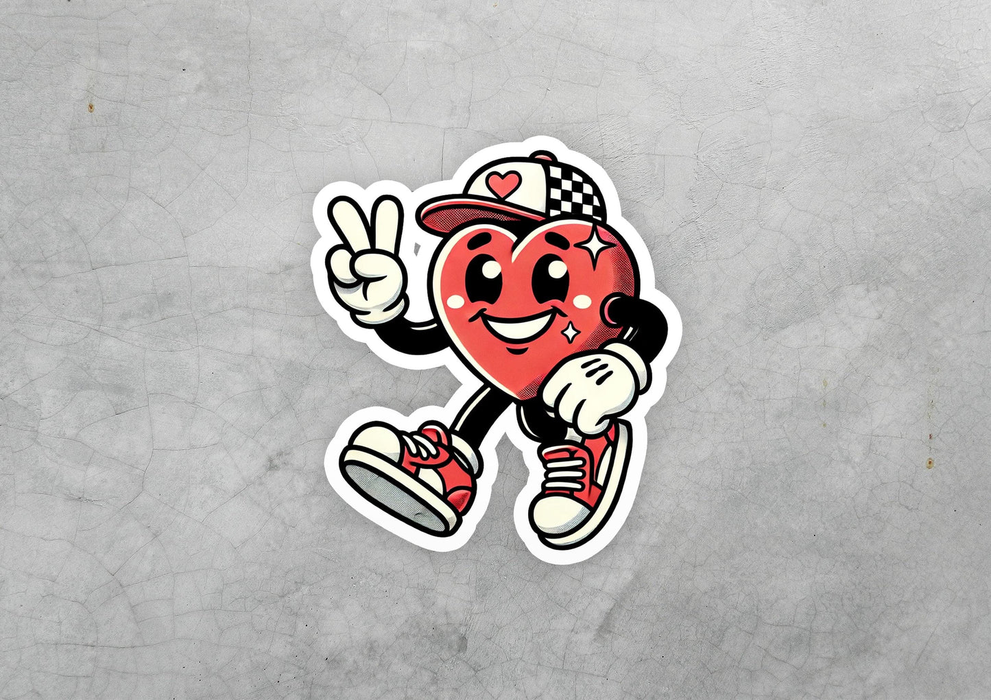a sticker of a heart running with a baseball cap on