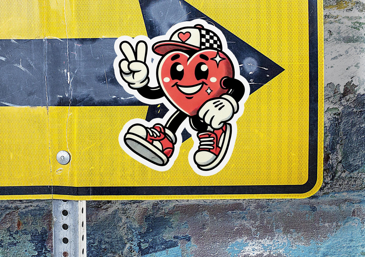 a sticker of a heart running on a street sign