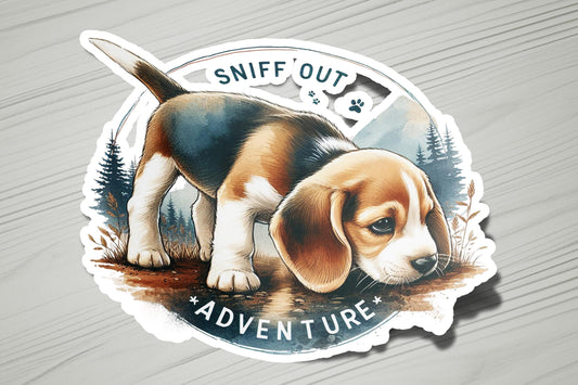 a sticker with a dog on it that says sniff out of adventure