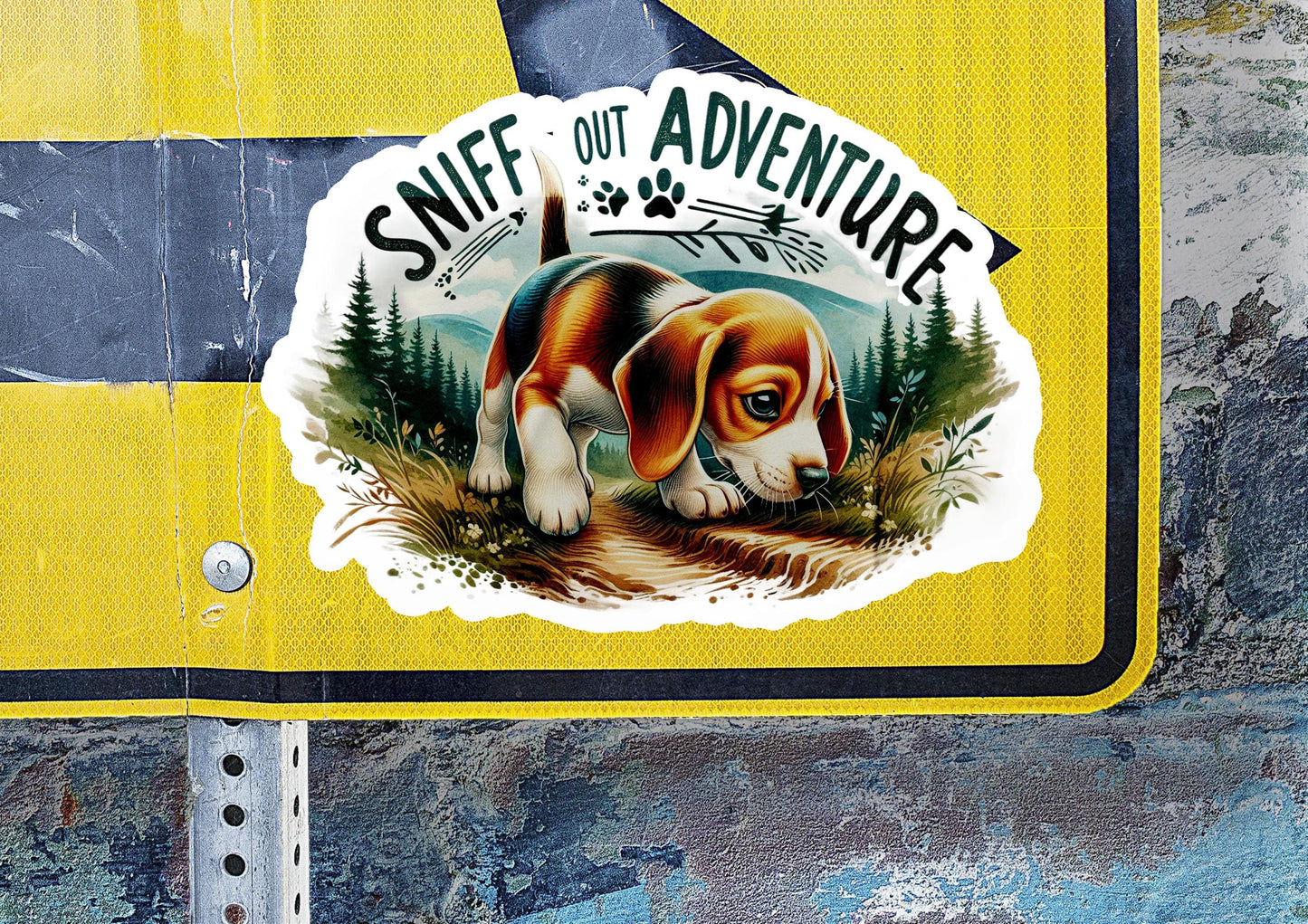 a sticker of a dog on the side of a road