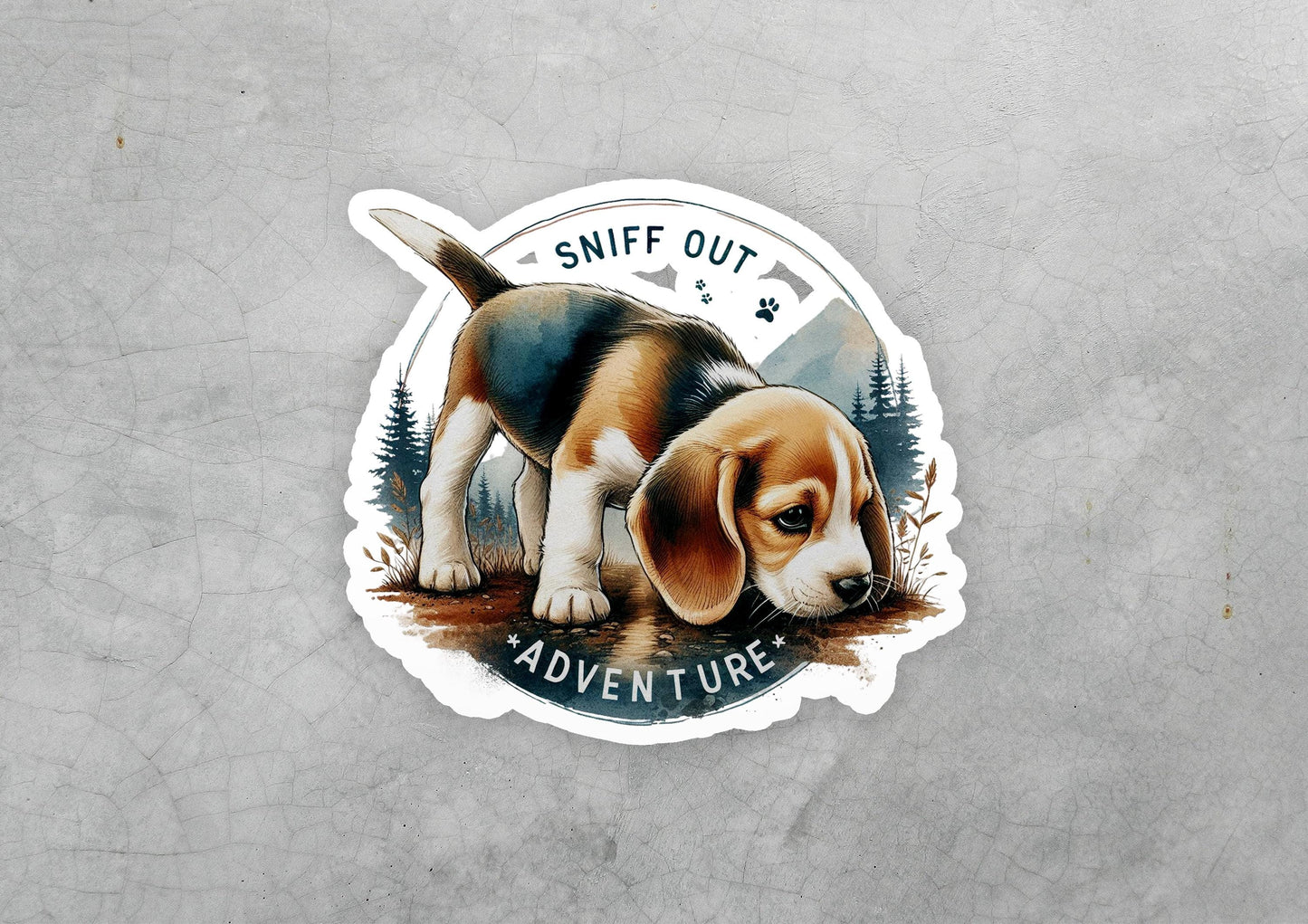 a sticker of a beagle puppy sitting on the ground
