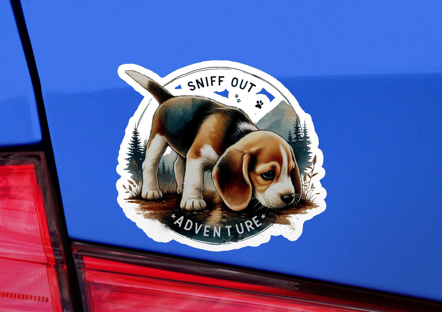 a sticker of a beagle puppy on the back of a car