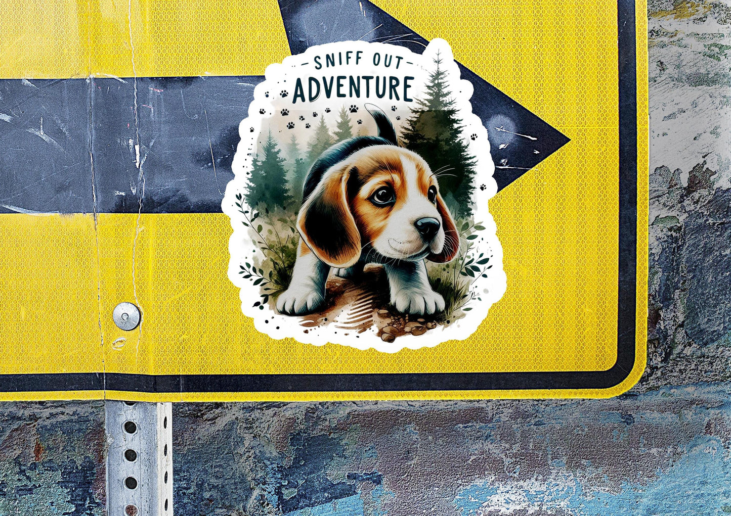 a sticker of a dog on a street sign
