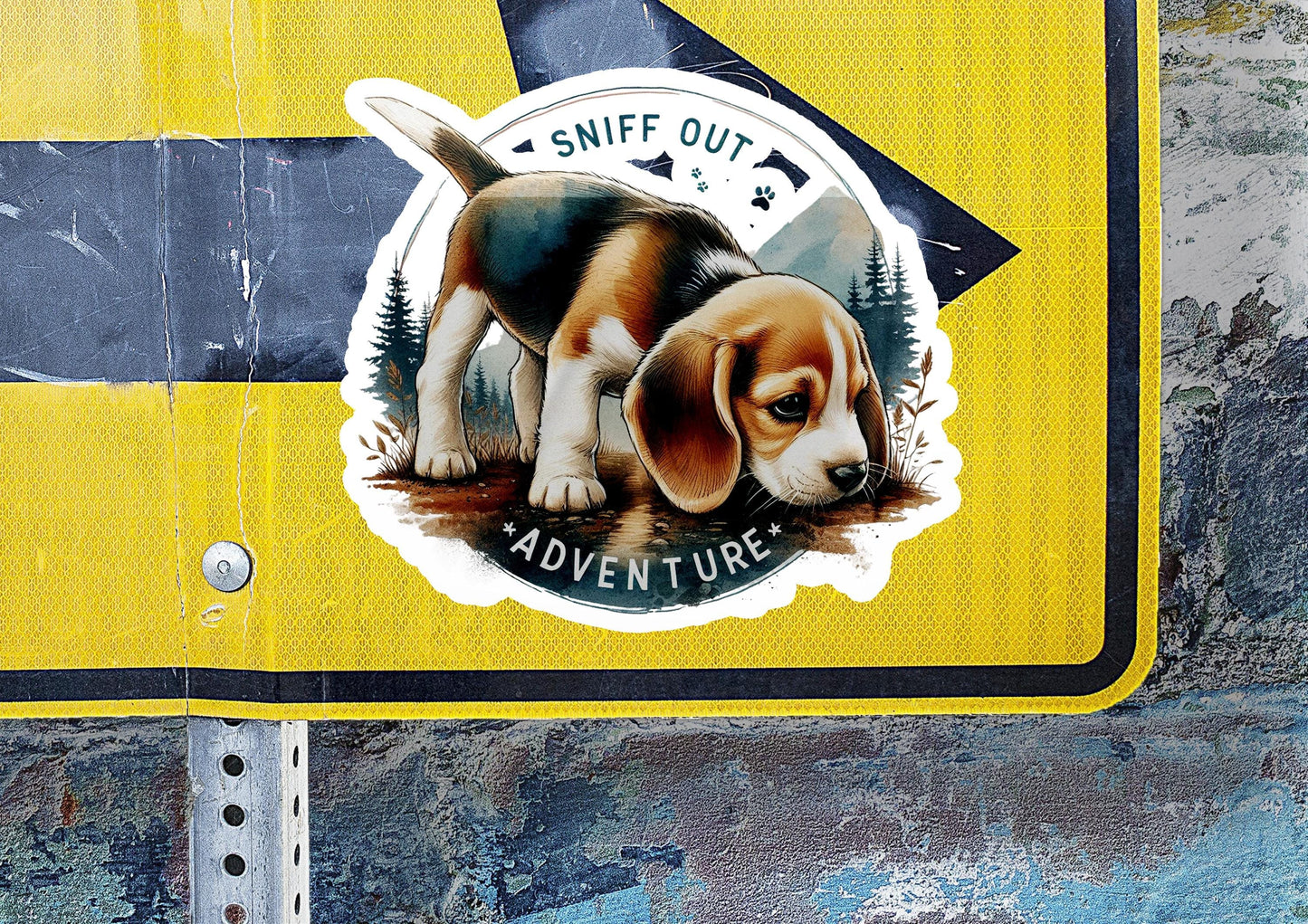 a sticker of a dog on a yellow and black sign
