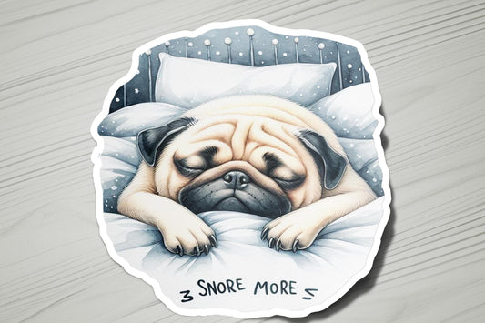 a sticker of a pug sleeping on a bed