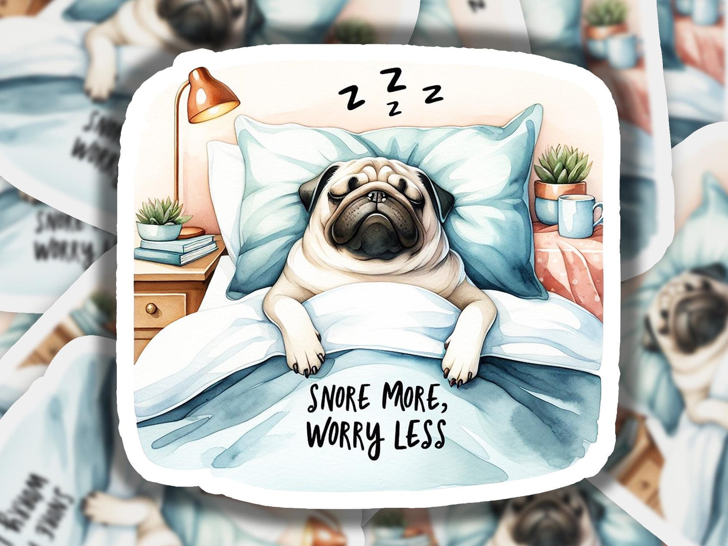 a pug dog is sleeping in a bed