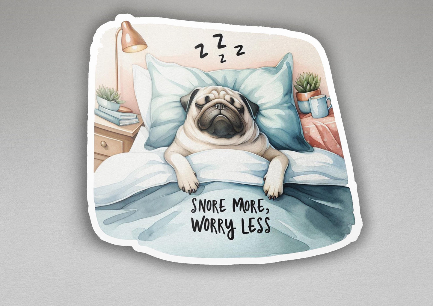 a sticker of a pug sleeping on a bed