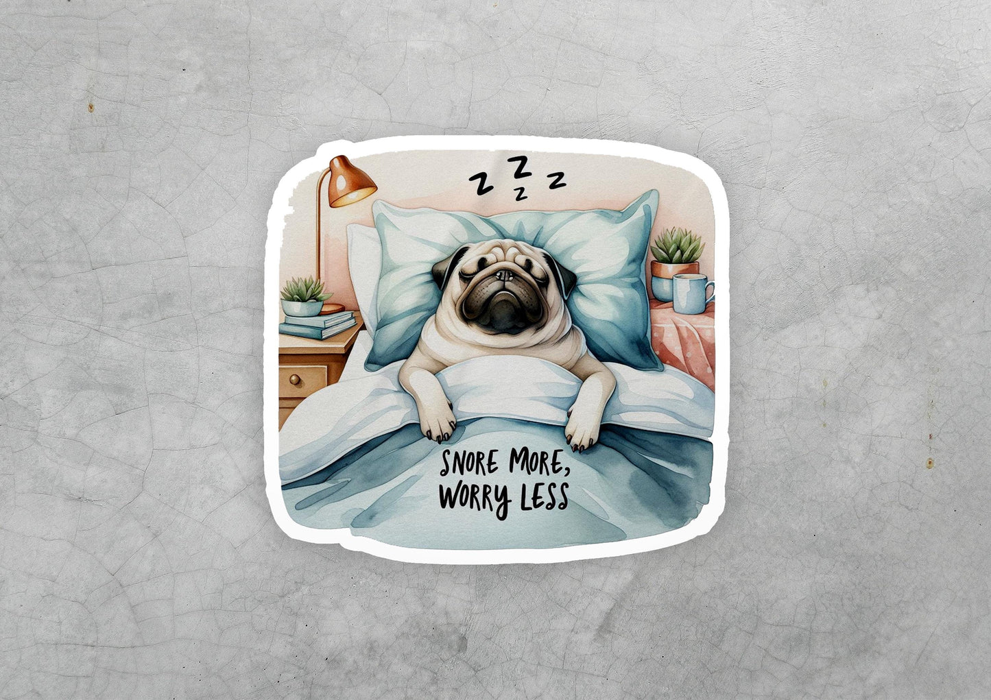 a sticker of a pug laying in a bed