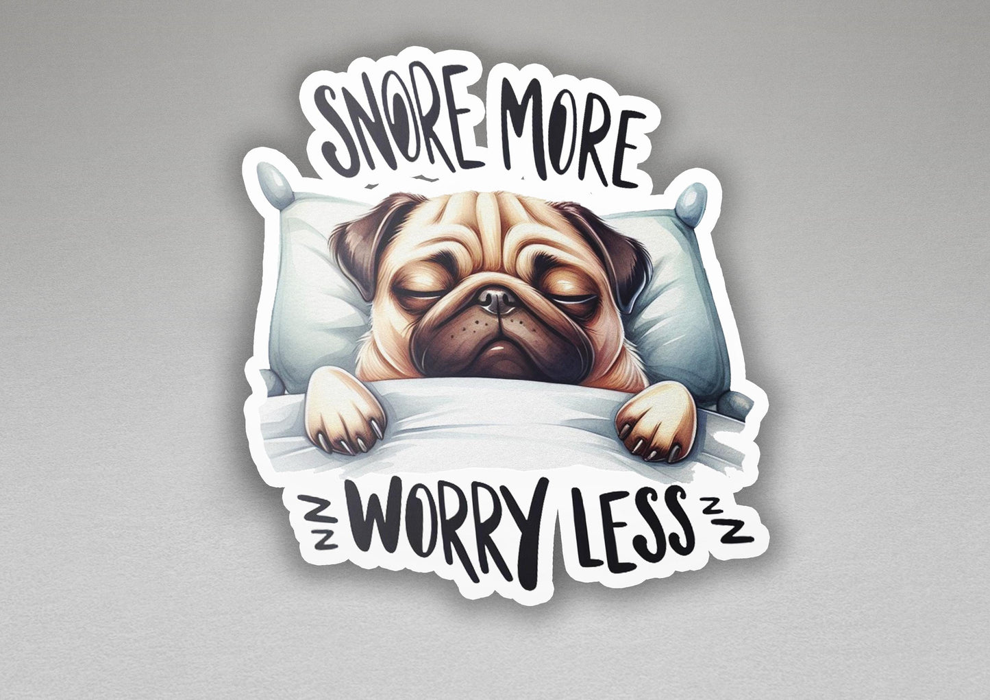 a sticker with a pug sleeping on a pillow