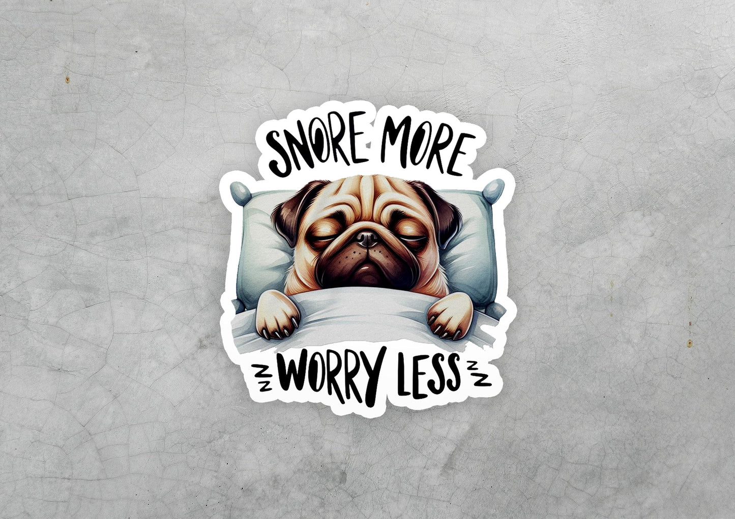 a sticker of a pug sleeping on a pillow