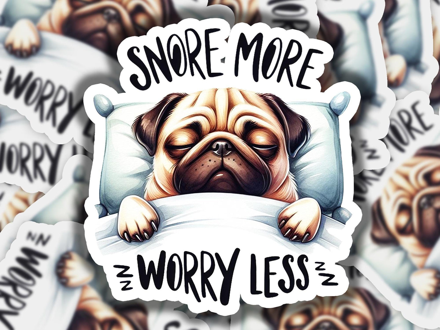 a sticker of a pug sleeping on a pillow